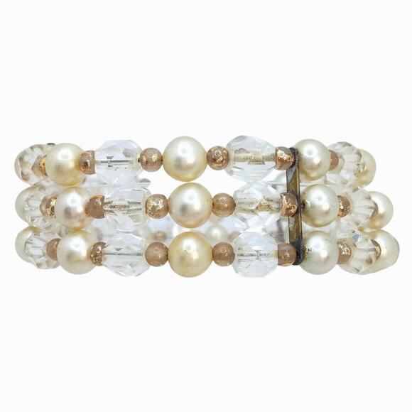 Vintage Triple Strand Pearl Bracelet Mid Century Clear Crystal Cuff Flex Wire - Picture 1 of 9